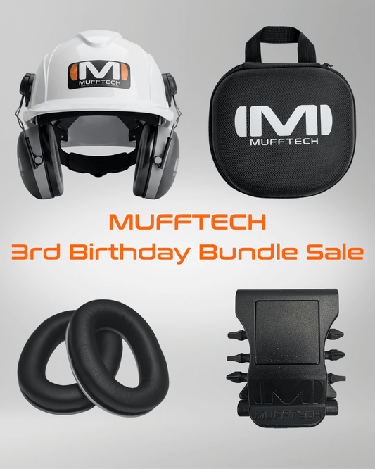 3rd Birthday Sale Bundle - Hard Hat Double OG Mufftech Bluetooth Earmuffs with Carry Case, Soft Ear Cushions and a Muff Clip - Mufftech
