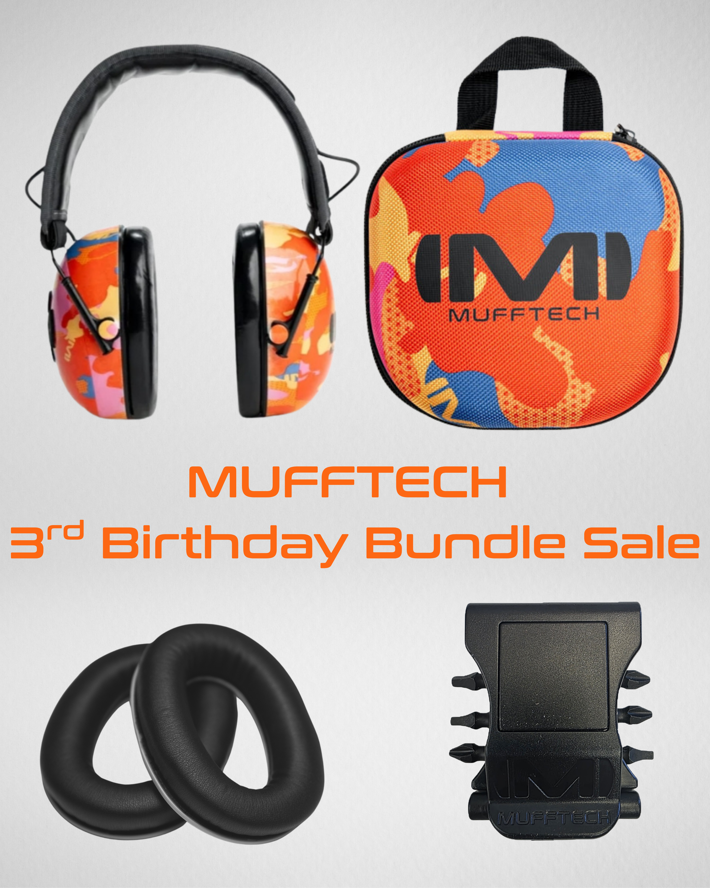 3rd Birthday Sale Bundle - Orange Roughy Mufftech Bluetooth Earmuffs with Carry Case, Soft Ear Cushions and a Muff Clip
