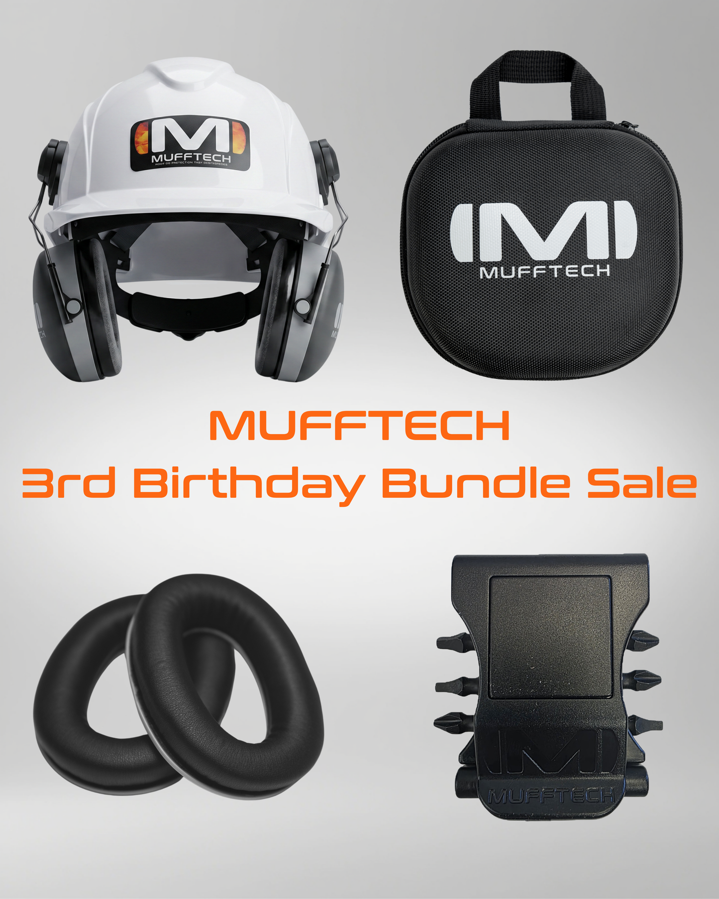 3rd Birthday Sale Bundle - Hard Hat Double OG Mufftech Bluetooth Earmuffs with Carry Case, Soft Ear Cushions and a Muff Clip