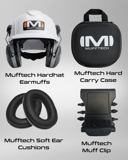 3rd Birthday Sale Bundle - Hard Hat Double OG Mufftech Bluetooth Earmuffs with Carry Case, Soft Ear Cushions and a Muff Clip