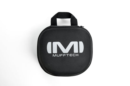 Mufftech rugged hard carry case in black, included with Double OG Bluetooth earmuffs