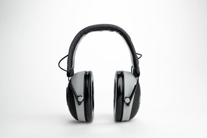 Mufftech Double OG Bluetooth earmuffs front view, black and silver design with padded adjustable headband