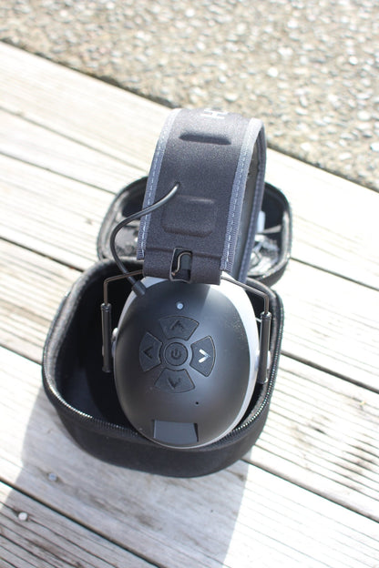 Mufftech Double OG earmuff control pad close-up, simple touch controls for music and calls