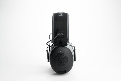 Rear angle of Mufftech Double OG earmuffs showing reinforced headband and silver earcups