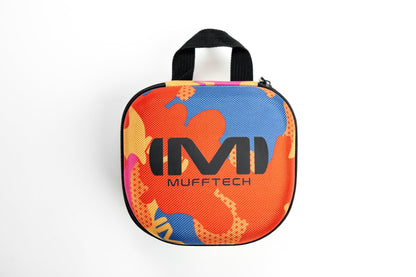 Mufftech Orange Roughy Bluetooth earmuffs shown with included rugged hard carry case