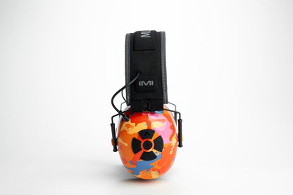 Side profile of Mufftech Orange Roughy earmuffs showing M logo on orange camo earcup