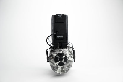 Side profile of Mufftech Sole earmuffs showing M logo on grey camo earcup